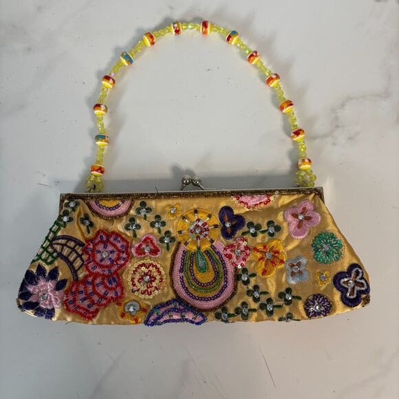 Vintage Beaded Embroidered Handbag Purse Fancy Party Elegant Yellow Floral - Picture 3 of 6